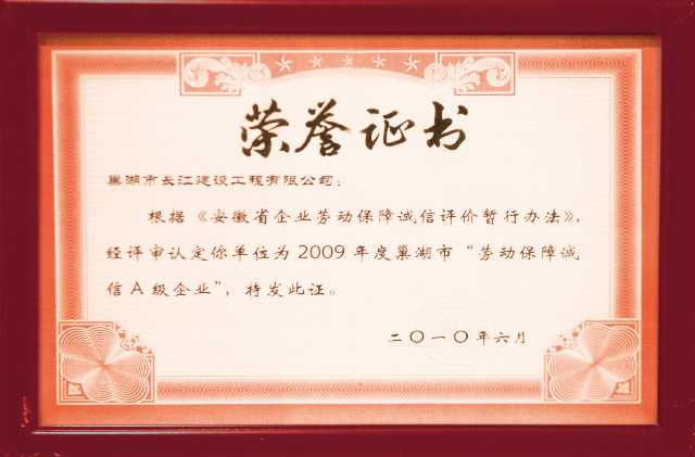 2009巢湖市劳动保障诚信A级企业