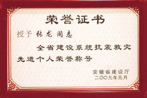 2009张龙同志抗震救灾先进个人荣誉