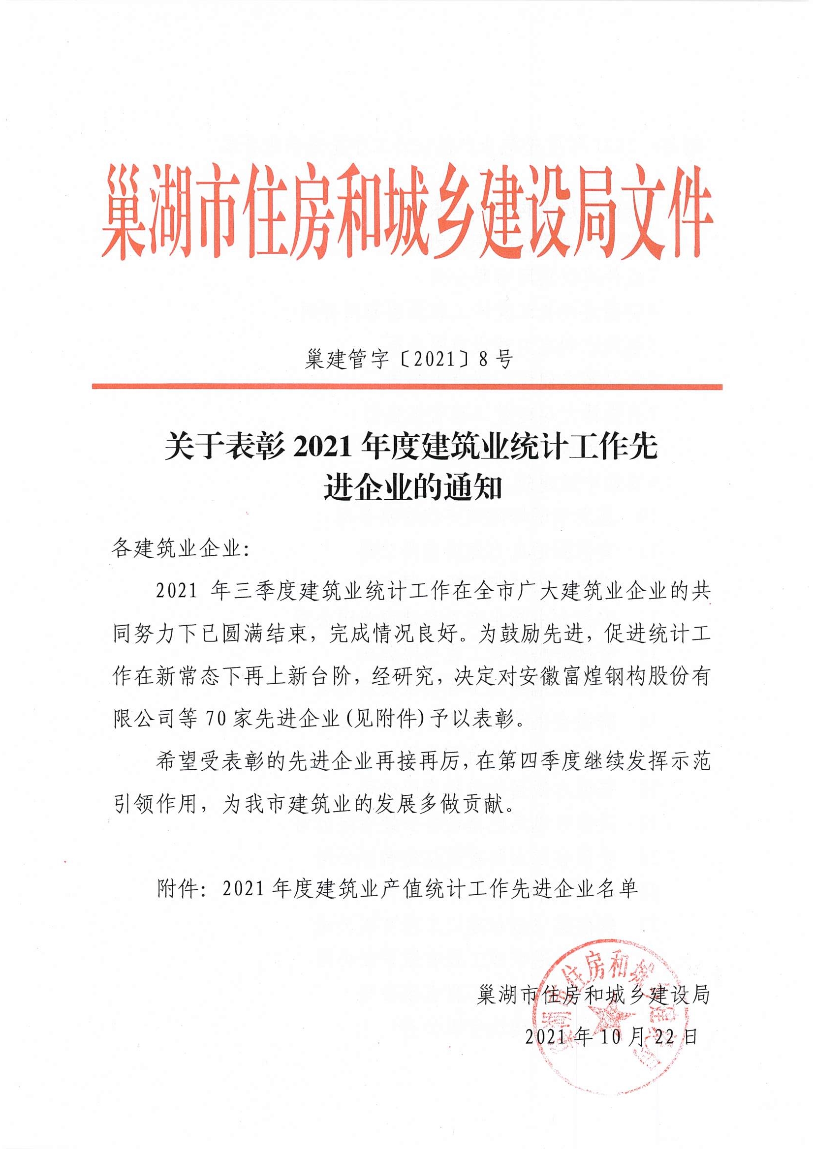 2021年度建筑业统计工作先进企业